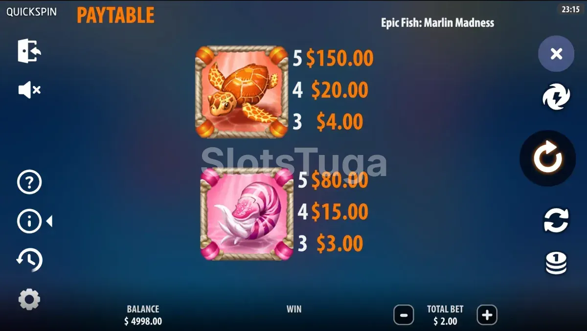 Tabela de pagamentos da slot Epic Fish Marlin Madness com todos os símbolos e seus valores