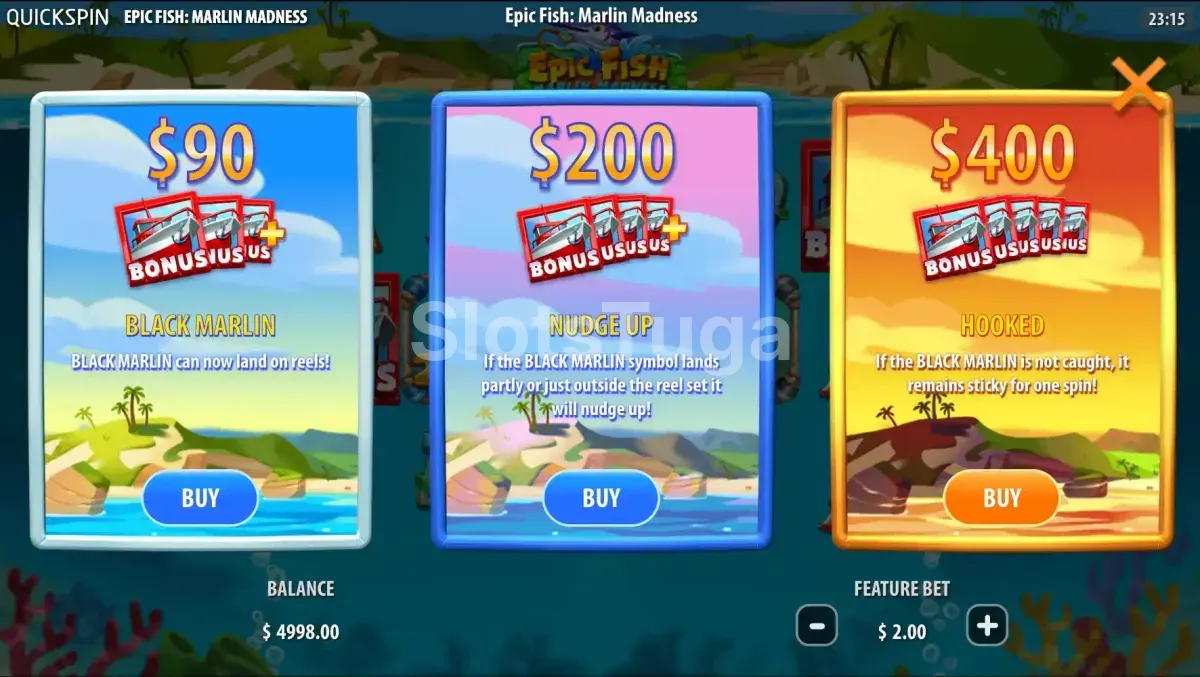 Tela de compra de bônus da Epic Fish Marlin Madness mostrando as três opções disponíveis