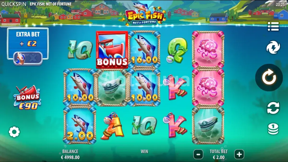 Jogo base da Epic Fish Net of Fortune com símbolos de peixe e pescador