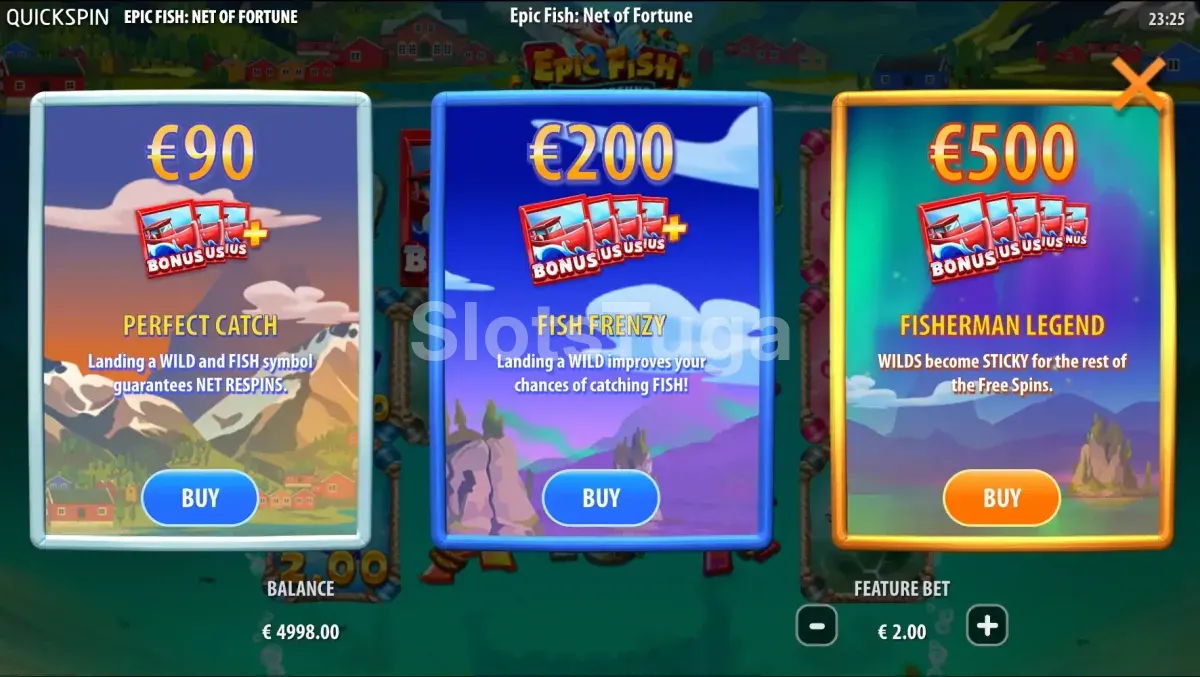 Interface de compra de bônus na Epic Fish Net of Fortune da Quickspin