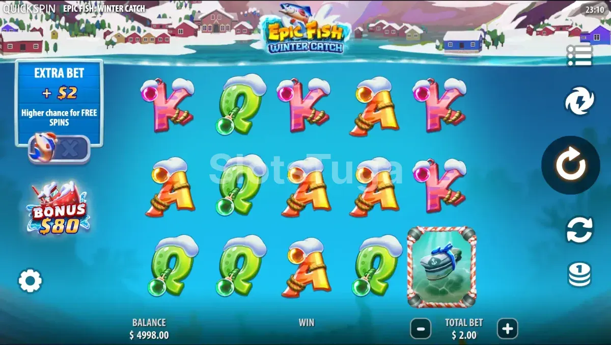 Tela principal do jogo Epic Fish Winter Catch com cenário de inverno norueguês