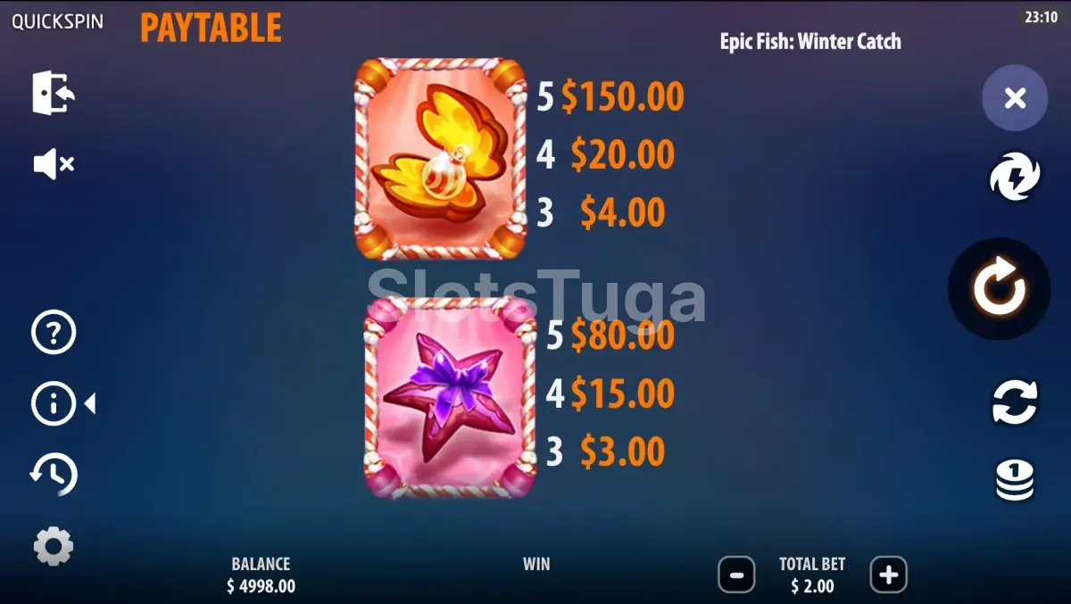 Tabela de pagamentos da slot Epic Fish Winter Catch mostrando peixes e símbolos especiais