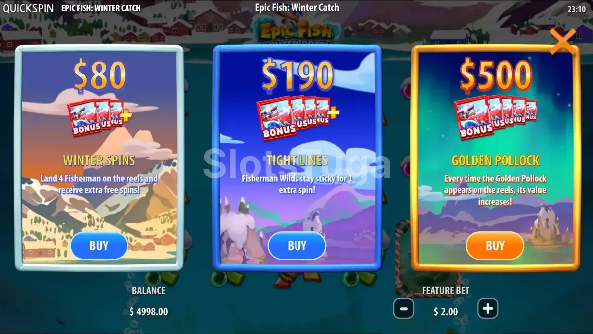 Tela de compra de bônus da Epic Fish Winter Catch com três opções disponíveis