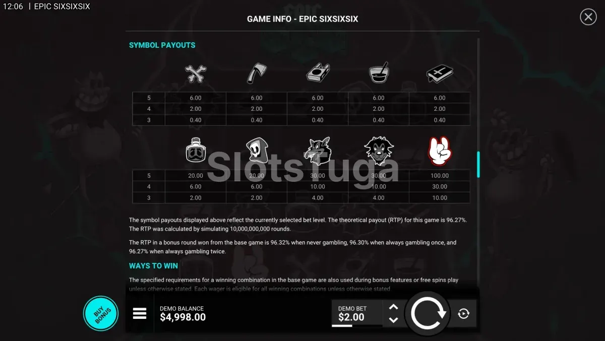 Tabela de pagamentos de Epic SixSixSix com símbolos altos e baixos