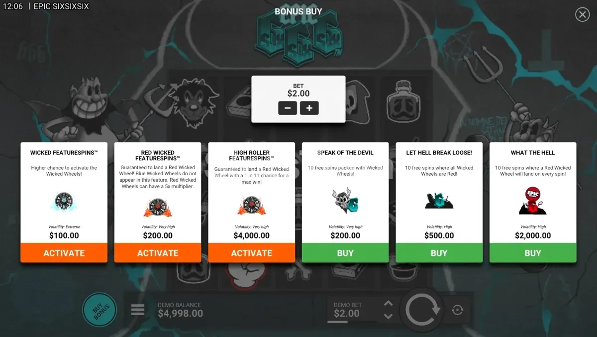 Menu de compra de bónus de Epic SixSixSix com as seis opções