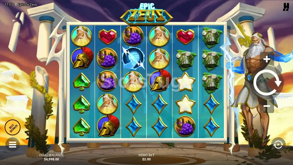Jogo base da slot Epic Ze Zeus com Zeus ao lado da grade