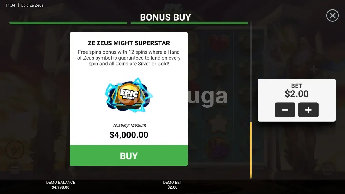 Menu de compra de bônus da slot Epic Ze Zeus
