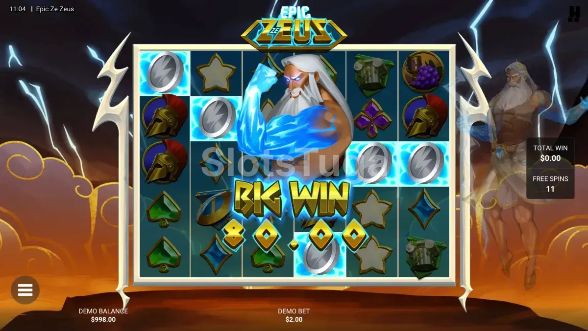 Tela de grande vitória na slot Epic Ze Zeus da Hacksaw Gaming