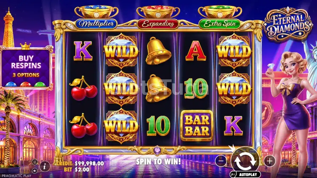 Tela principal do slot Eternal Diamonds com cenário de Las Vegas