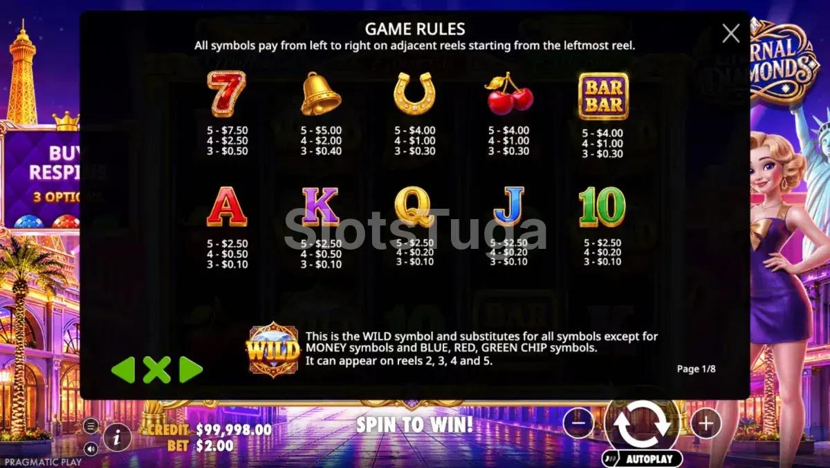 Tabela de pagamentos do slot Eternal Diamonds com todos os símbolos