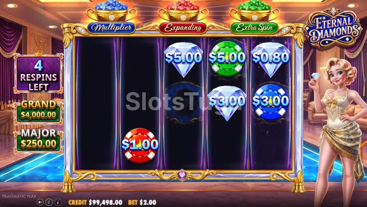 Rodada de giros grátis do slot Eternal Diamonds com modificadores ativos