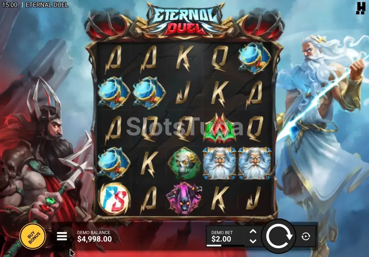 Eternal Duel: grelha de cinco por cinco entre dois deuses em confronto, um guerreiro sombrio de coroa com espinhos à esquerda e um deus do trovão de barba branca à direita.