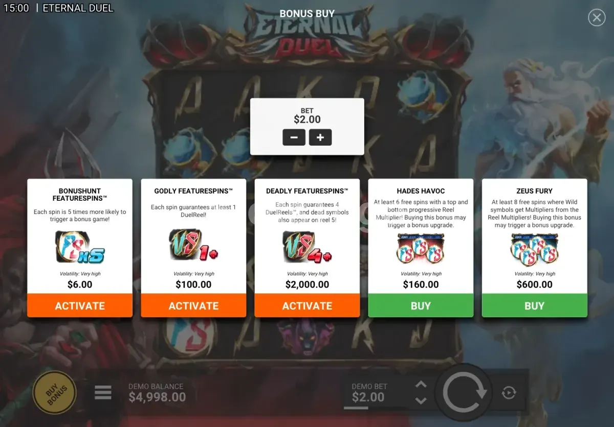 Tela de compra de bônus na Eternal Duel da Hacksaw Gaming