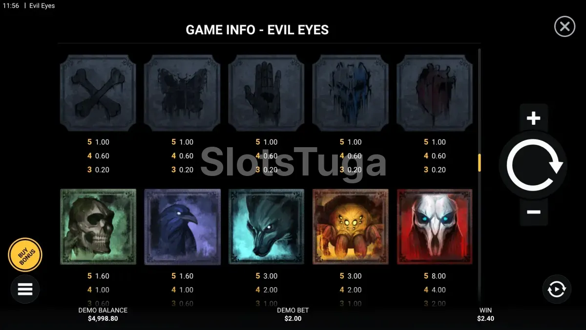 Tabela de pagamentos do Evil Eyes mostrando símbolos e valores