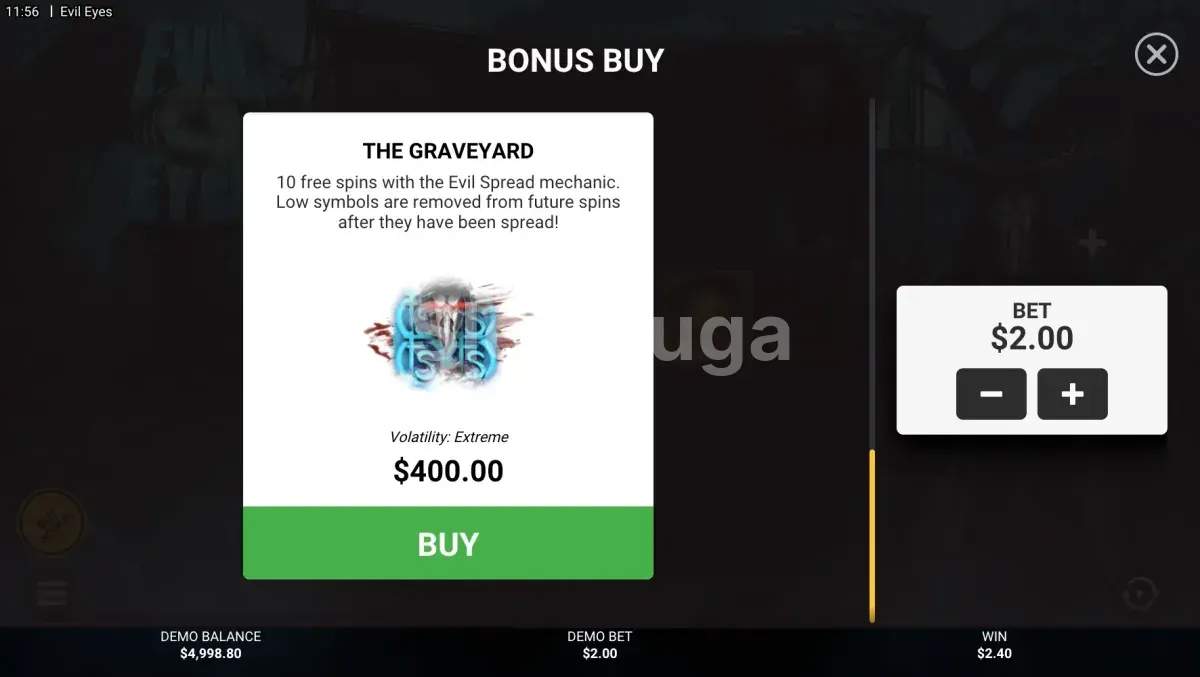 Menu de compra de bônus do slot Evil Eyes com cinco opções disponíveis