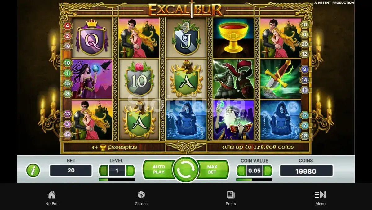 Jogo base da slot Excalibur com rolos medievais