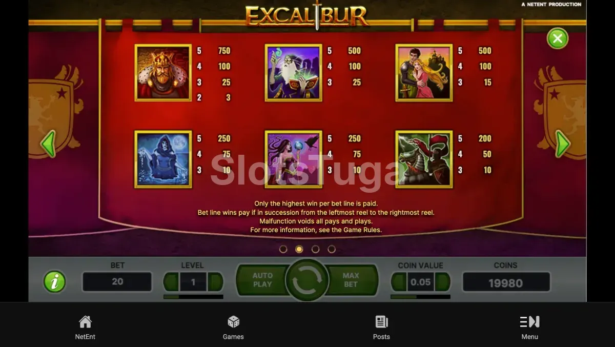 Tabela de pagamentos da slot Excalibur da NetEnt