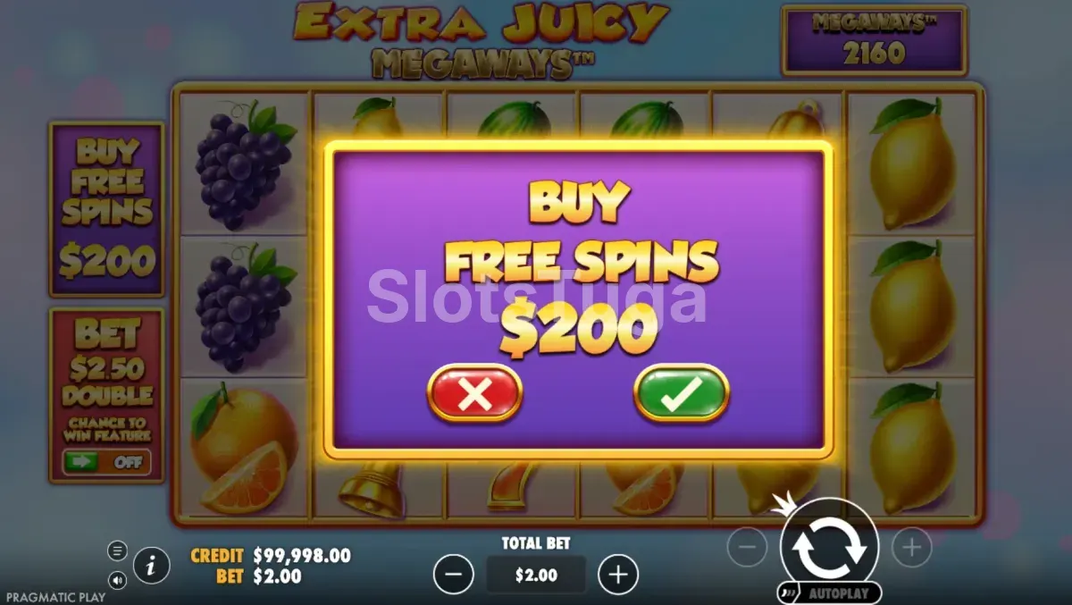Tela de compra de bônus da Extra Juicy Megaways com opções de aquisição