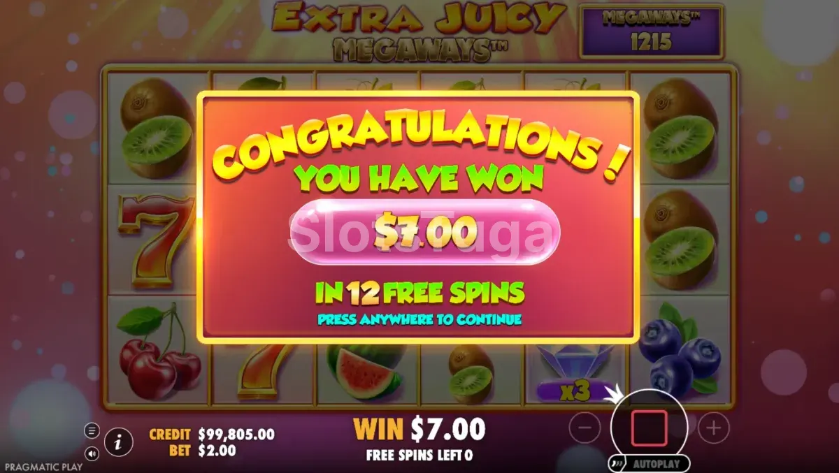 Big win na Extra Juicy Megaways com multiplicadores acumulados durante os giros grátis