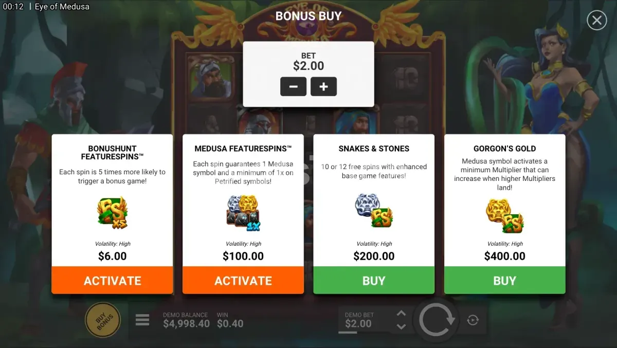 Menu de compra de bônus da Eye of Medusa com todas as opções disponíveis