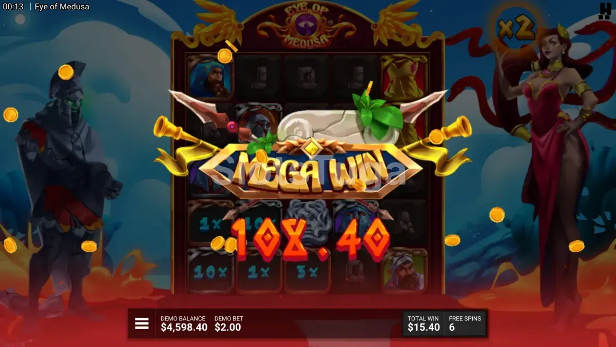 Grande vitória na Eye of Medusa com multiplicador da Medusa ativo e símbolos petrificados revelados