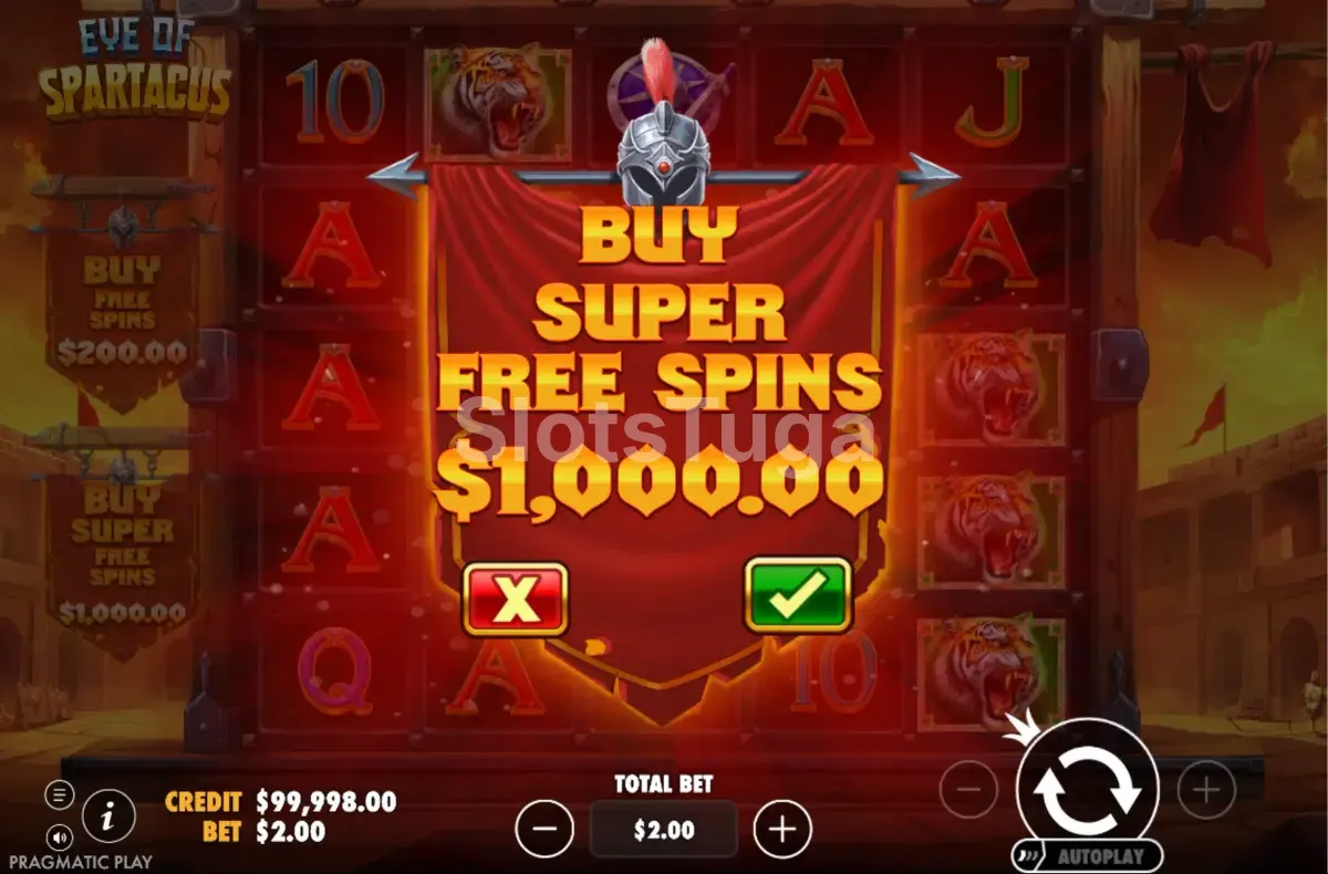 Tela de compra de bônus do Eye of Spartacus com opções disponíveis