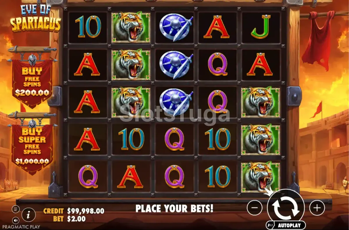 Jogo base do Eye of Spartacus com grid 5x5 e símbolos de gladiadores