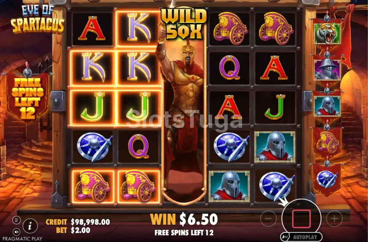 Rodadas grátis ativas no Eye of Spartacus com multiplicadores em destaque