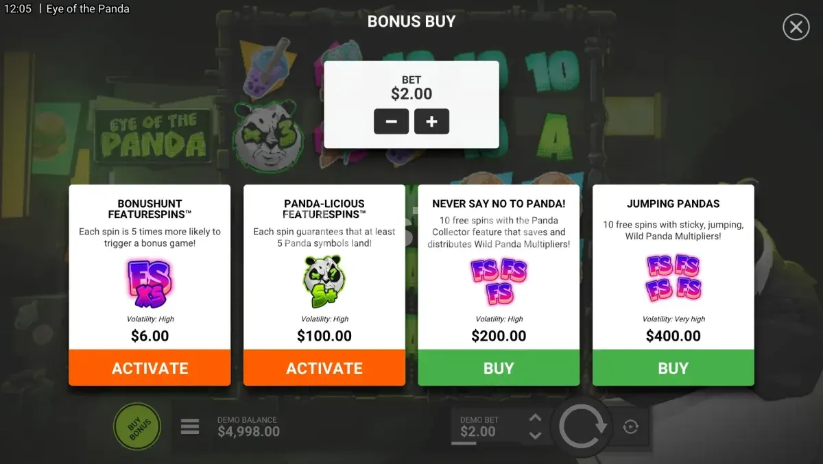 Tela de compra de bônus da Eye of the Panda com as opções disponíveis