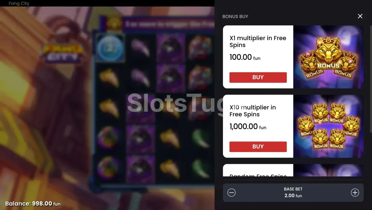 Tela de compra de bônus disponível na Fang City