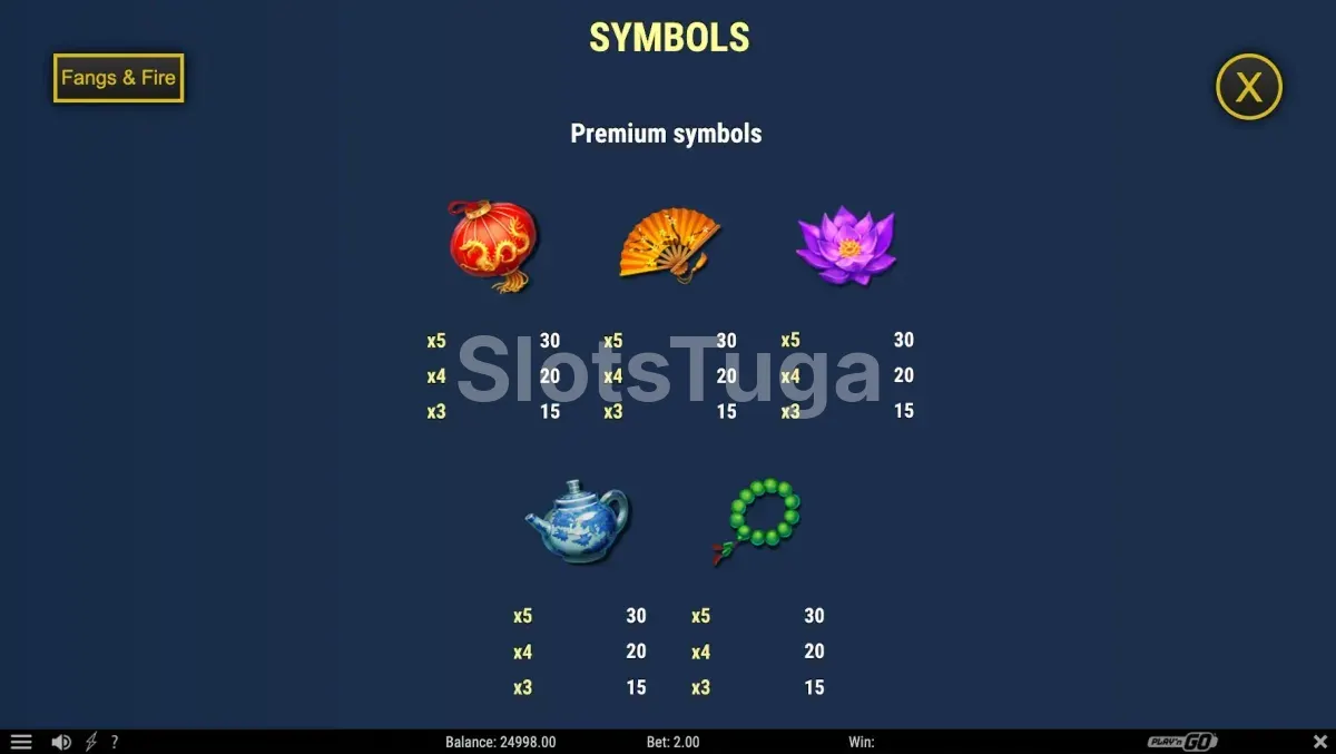 Tabela de pagamento do Fangs & Fire mostrando símbolos e valores