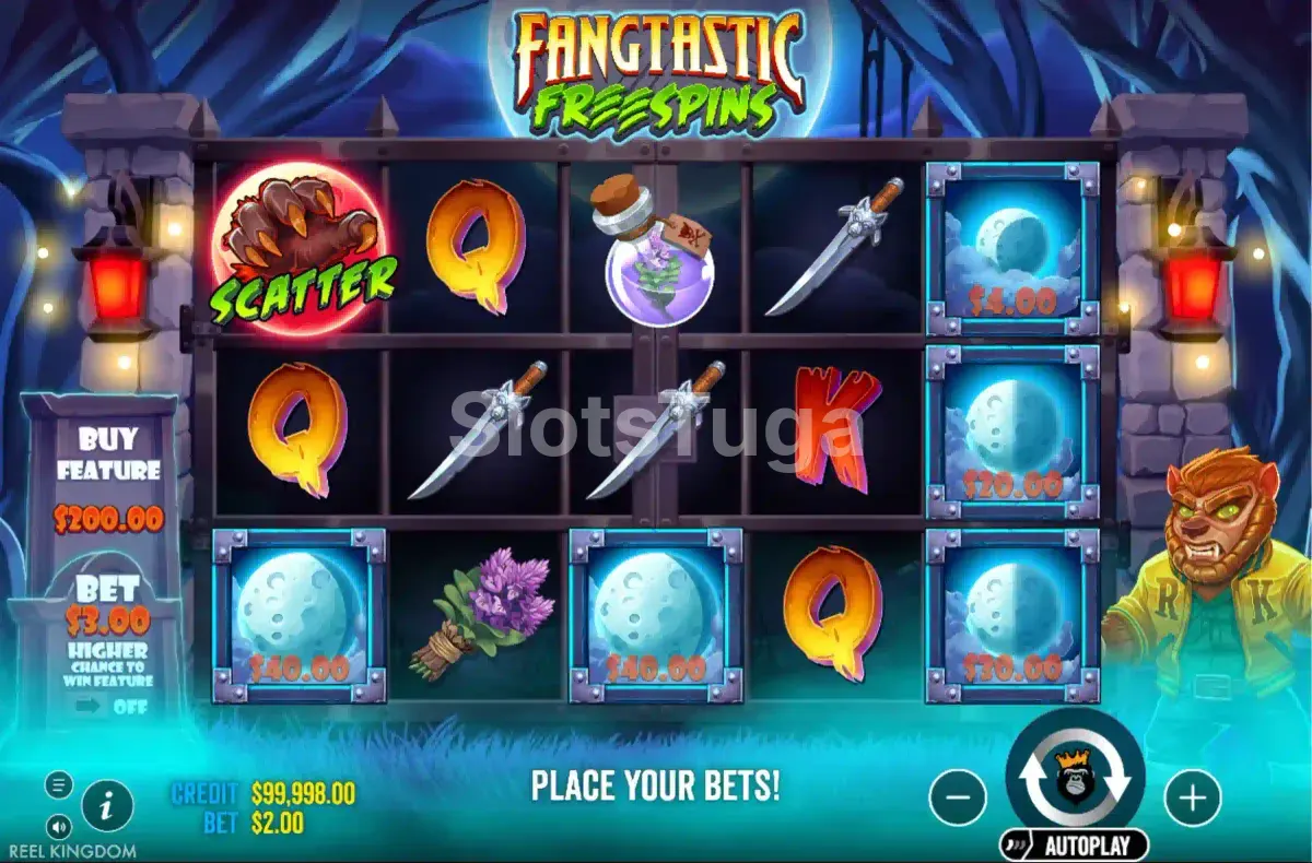 Tela principal da slot Fangtastic Freespins com rolos e símbolos de terror