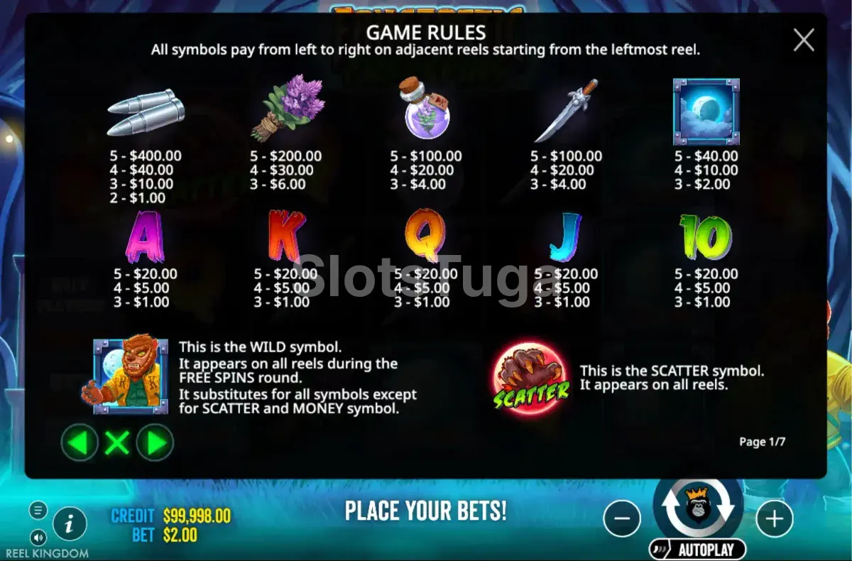 Tabela de pagamentos da Fangtastic Freespins mostrando símbolos e valores