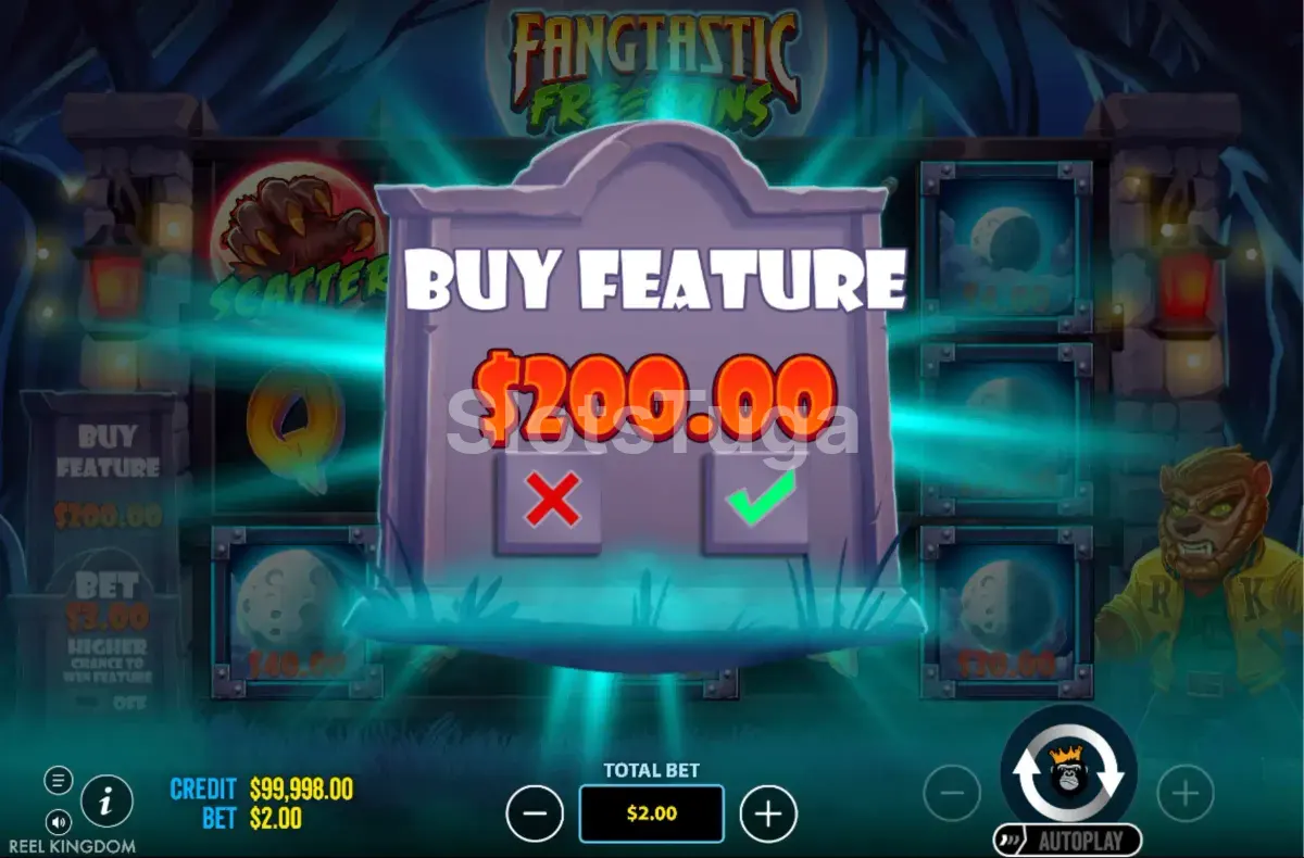 Recurso de compra de bônus da Fangtastic Freespins disponível no menu