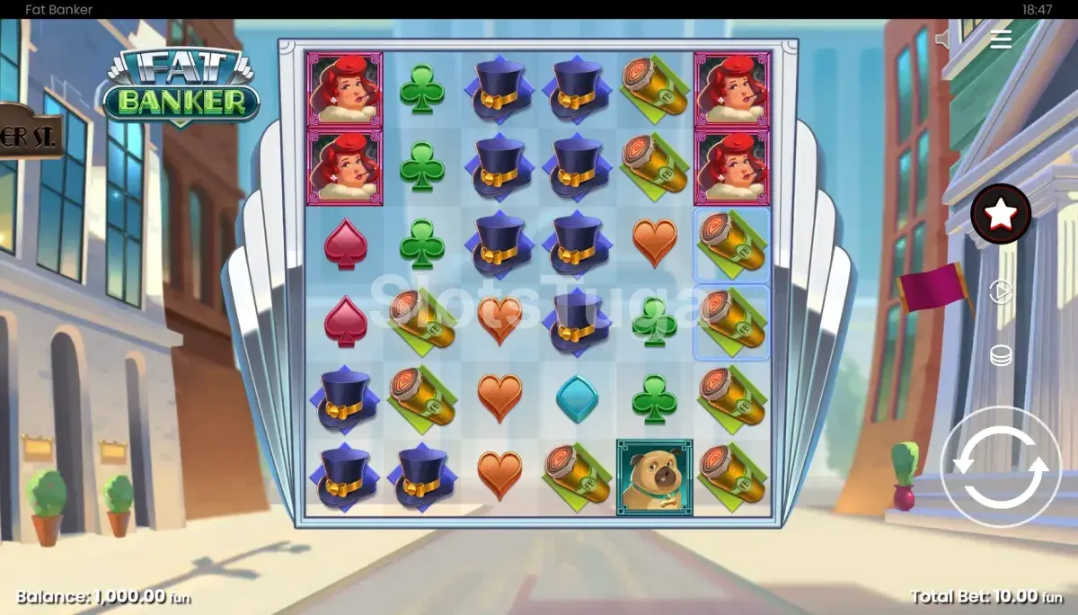 Fat Banker em jogo base: seis rolos numa moldura de prédio art déco, com cartolas azuis, charutos, retratos de uma senhora ruiva, naipes coloridos e um buldogue de moldura verde, numa rua de cidade com a fachada de um banco ao fundo.