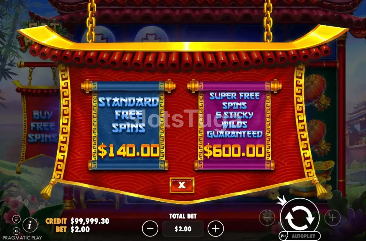 Menu de compra de bônus da slot Fat Panda com duas opções disponíveis