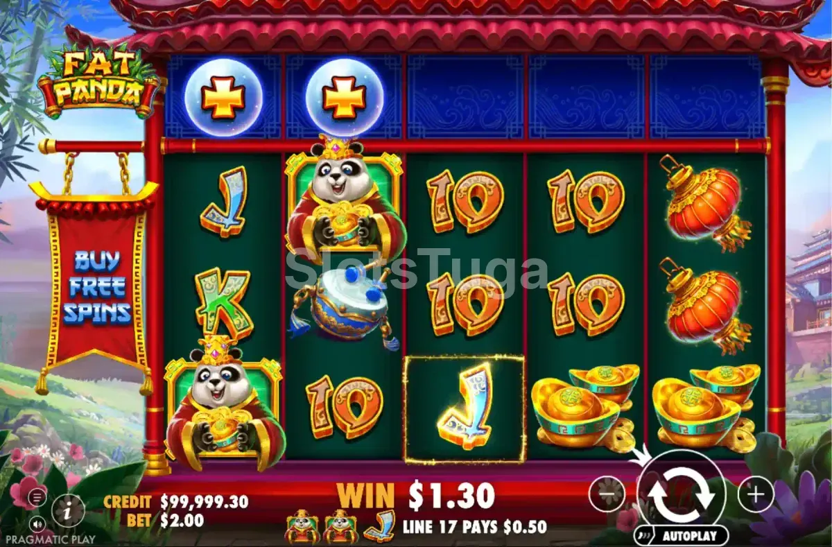Jogo base da slot Fat Panda com grid 5x3 e rolo superior