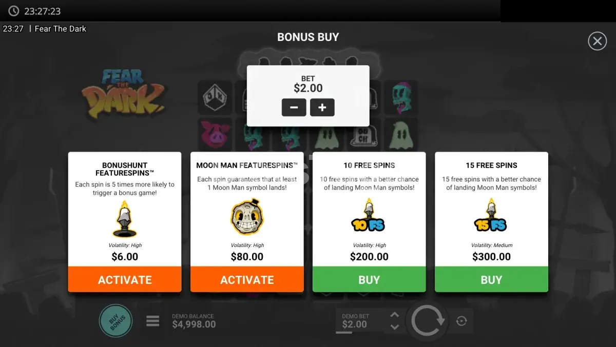 Tela de compra de bônus da Fear the Dark com opções disponíveis