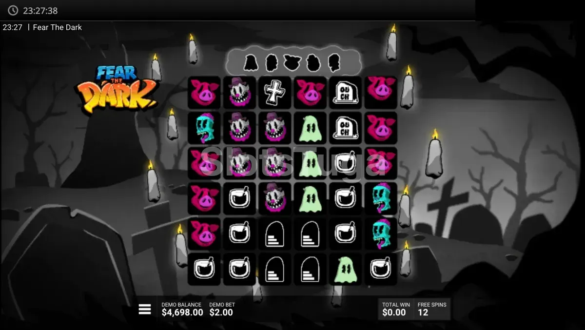 Modo de giros grátis ativado na slot Fear the Dark com multiplicadores aparecendo