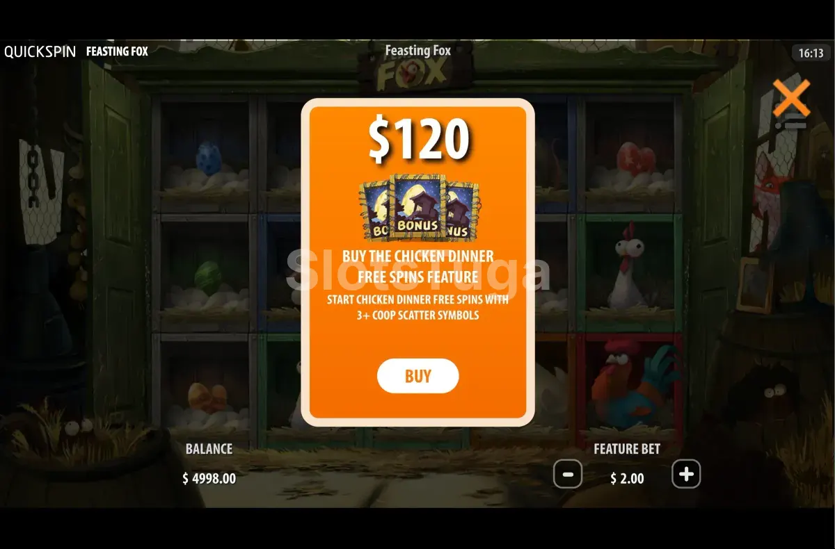 Tela de compra de bônus do Feasting Fox