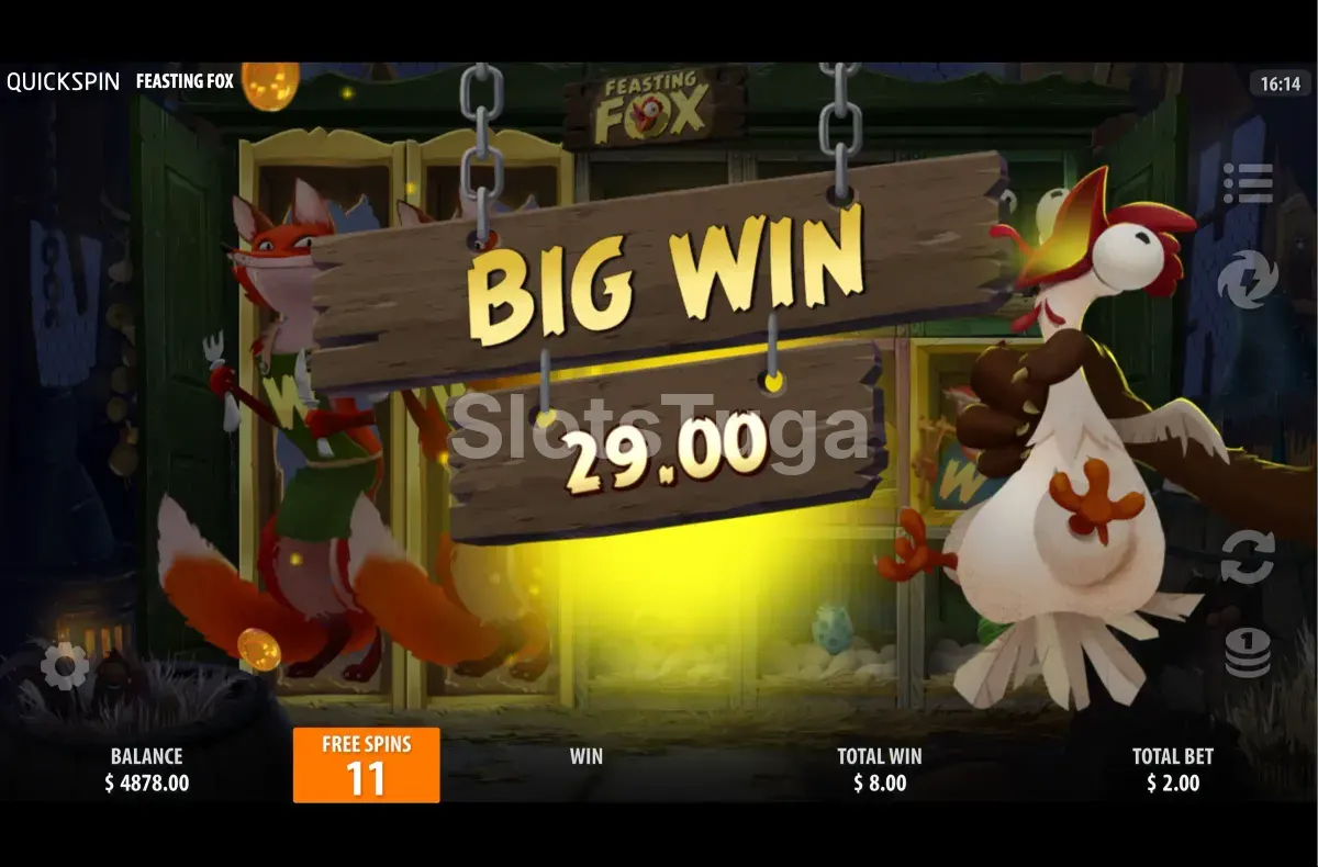 Big win no Feasting Fox com raposa celebrando