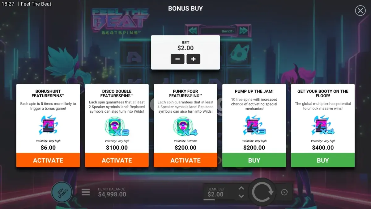 Tela de compra de bônus na slot Feel the Beat com opções de Bonus Buy