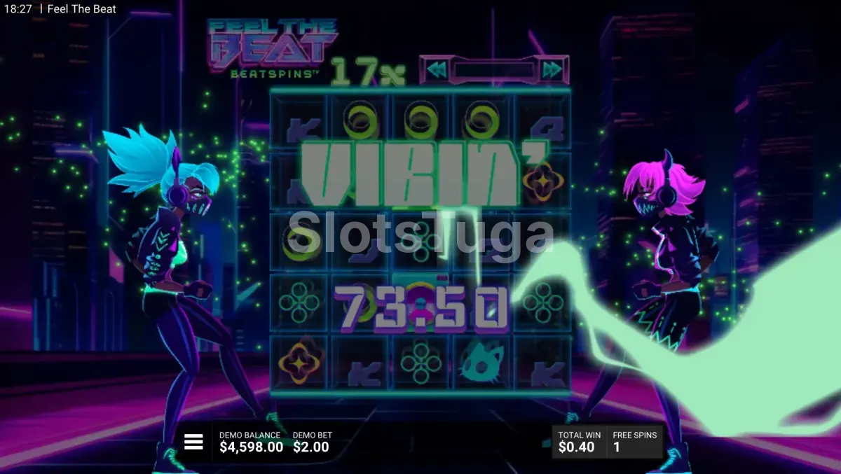 Tela de grande vitória na slot Feel the Beat com multiplicador máximo atingido