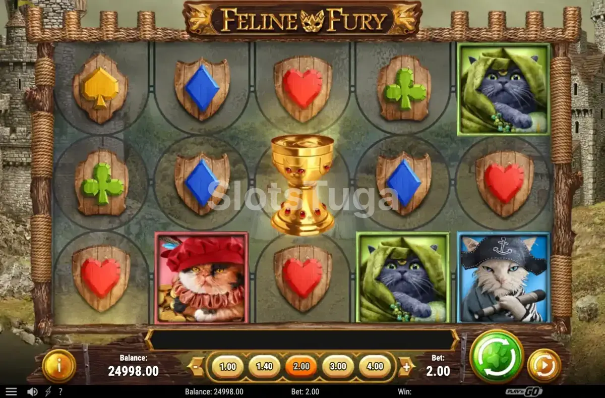 Tela principal do jogo Feline Fury com os rolos em destaque