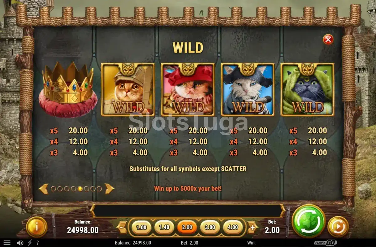 Tabela de pagamentos da slot Feline Fury mostrando os símbolos e valores