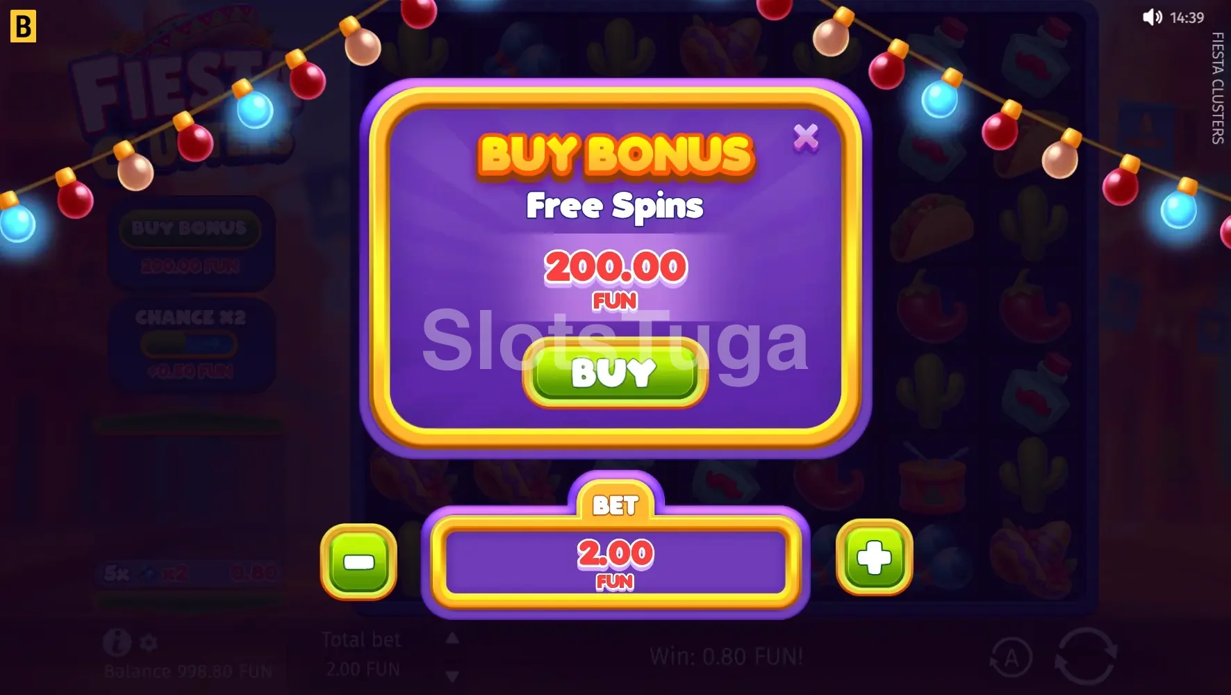 Tela de compra de bônus da Fiesta Clusters com opção Bonus Buy