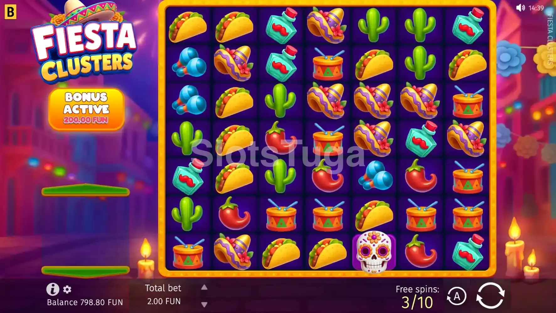 Rodada de giros gratuitos da Fiesta Clusters com multiplicadores acumulando