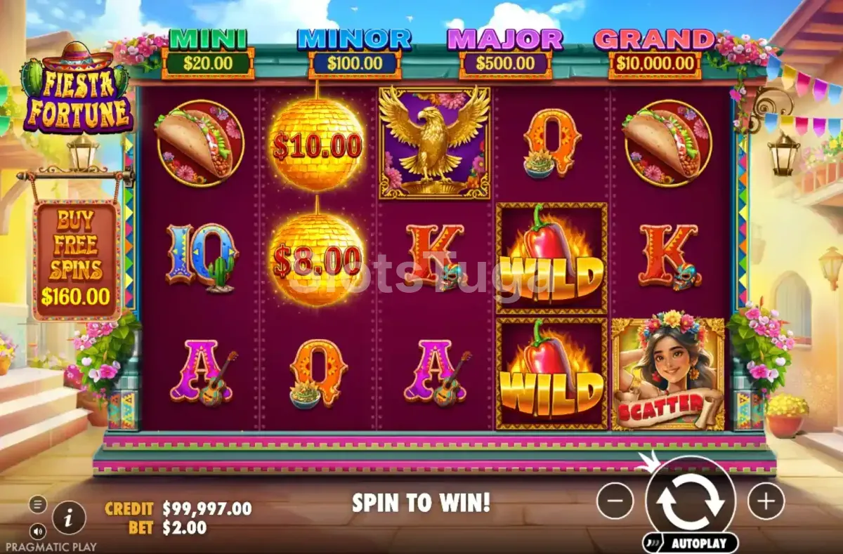 Jogo base da Fiesta Fortune com rolos coloridos e tema de festa mexicana
