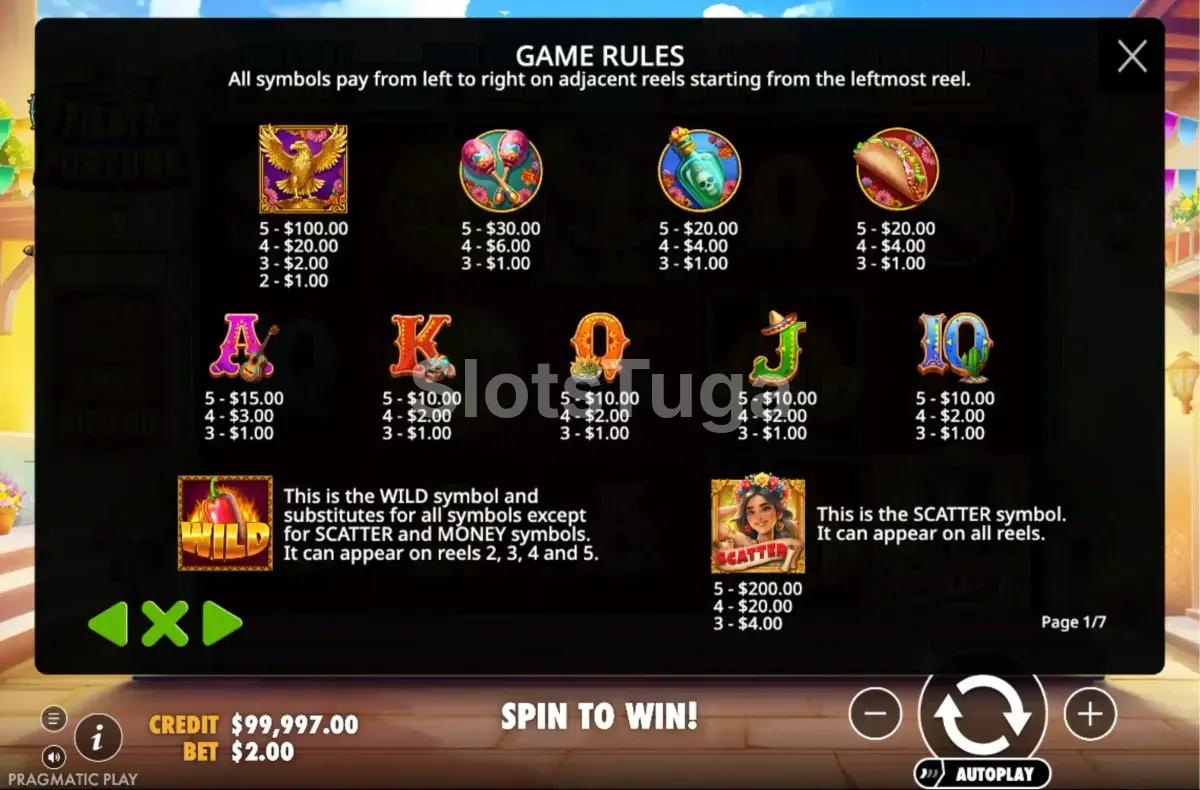 Tabela de pagamentos da Fiesta Fortune com símbolos e valores