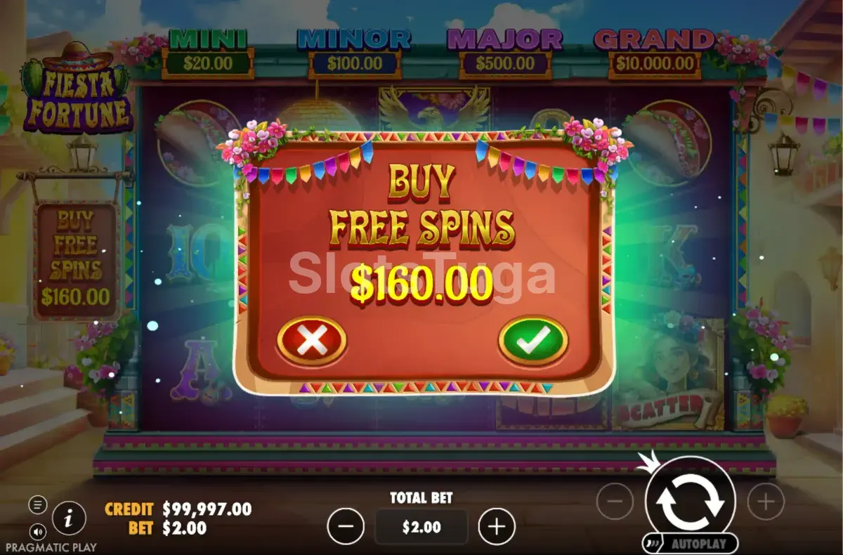 Tela de compra de bônus da Fiesta Fortune com opções de Bonus Buy